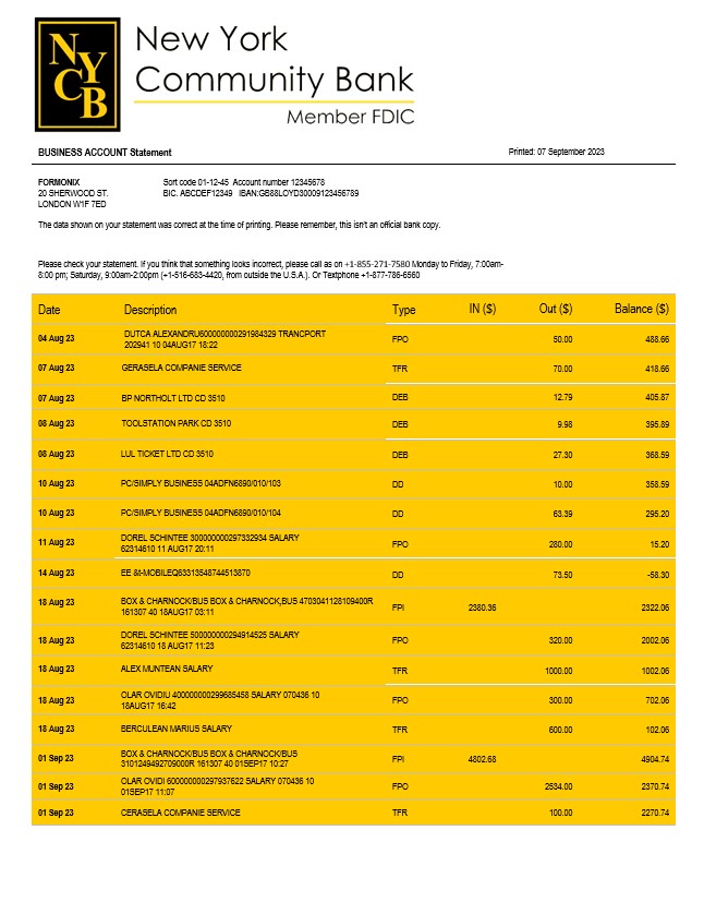 Modèle Word et PDF de relevé de compte d'entreprise de New York Community Bancorp